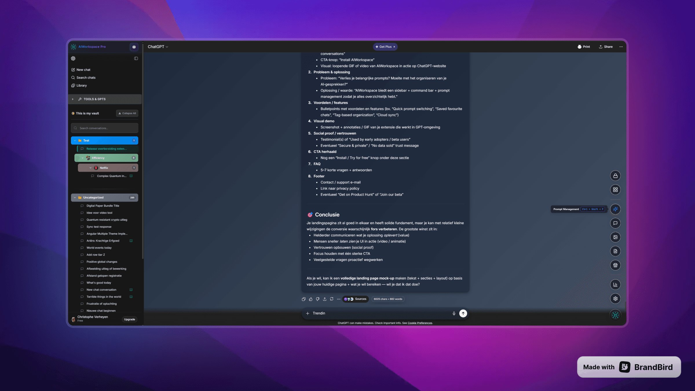 AI Workspace custom workspace management dashboard with folder organization system for organizing ChatGPT conversations and prompts by project