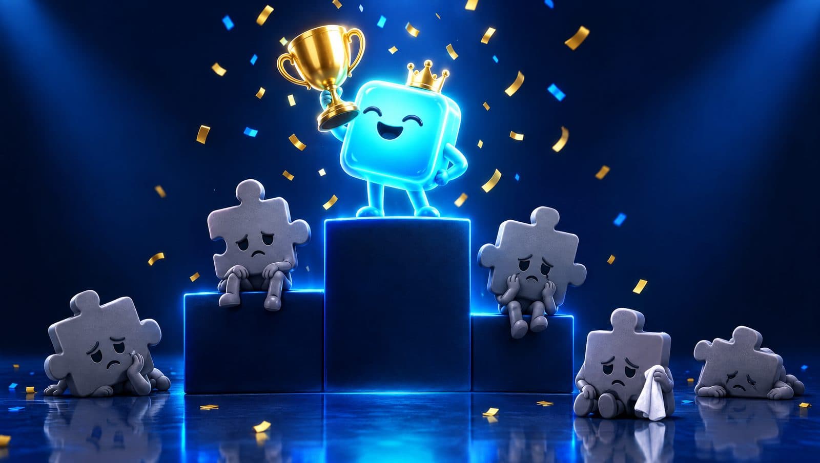 ChatGPT extension comparison — a glowing AI Workspace cube holding a trophy on a podium while competitor extensions sulk below