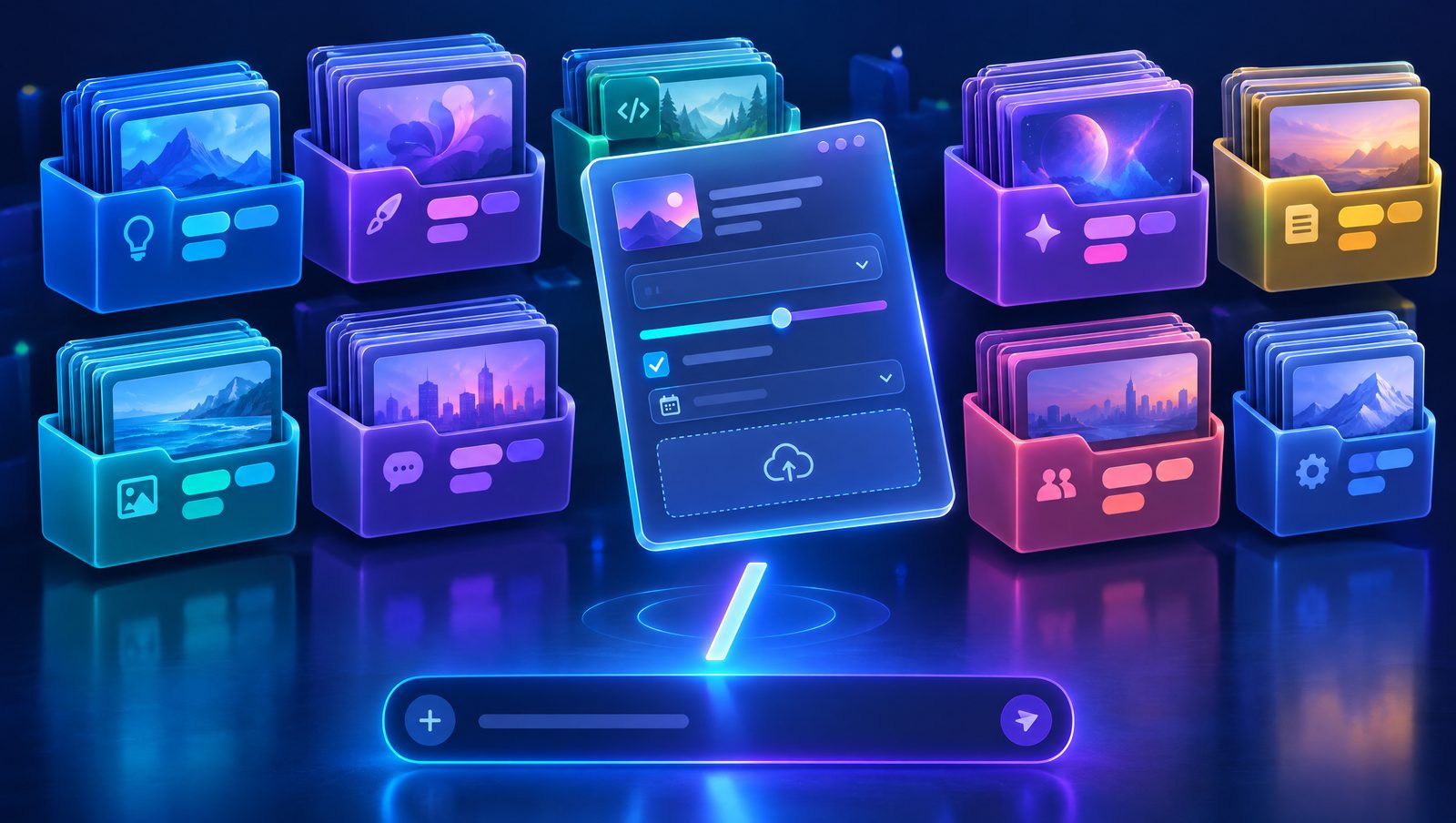 Prompt manager — organized prompt folders with one prompt card opening into a form with a dropdown, slider, checkbox, date picker and file upload