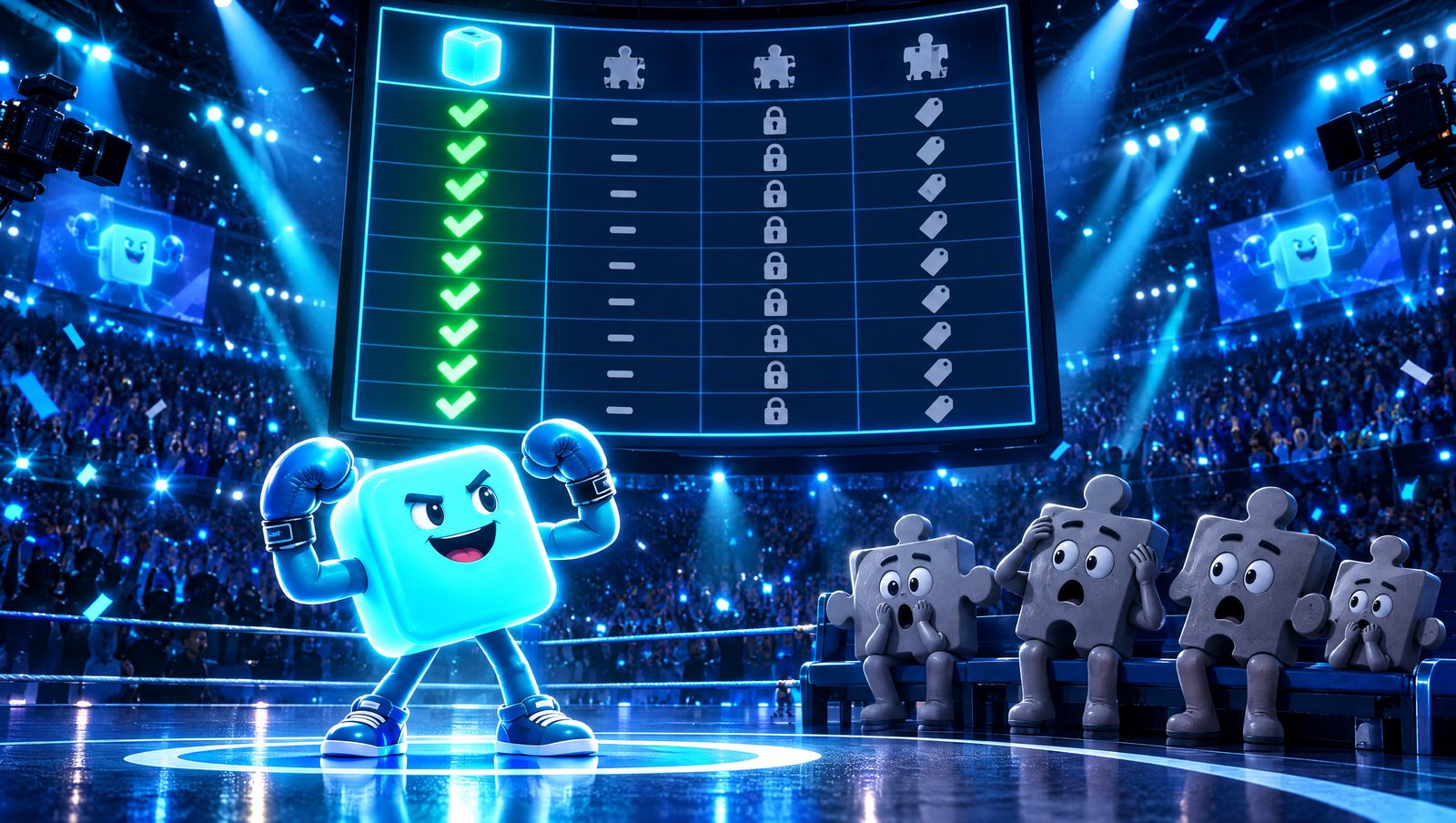 Scoreboard comparing ChatGPT extensions — one column full of green check marks, the others full of dashes, padlocks and price tags