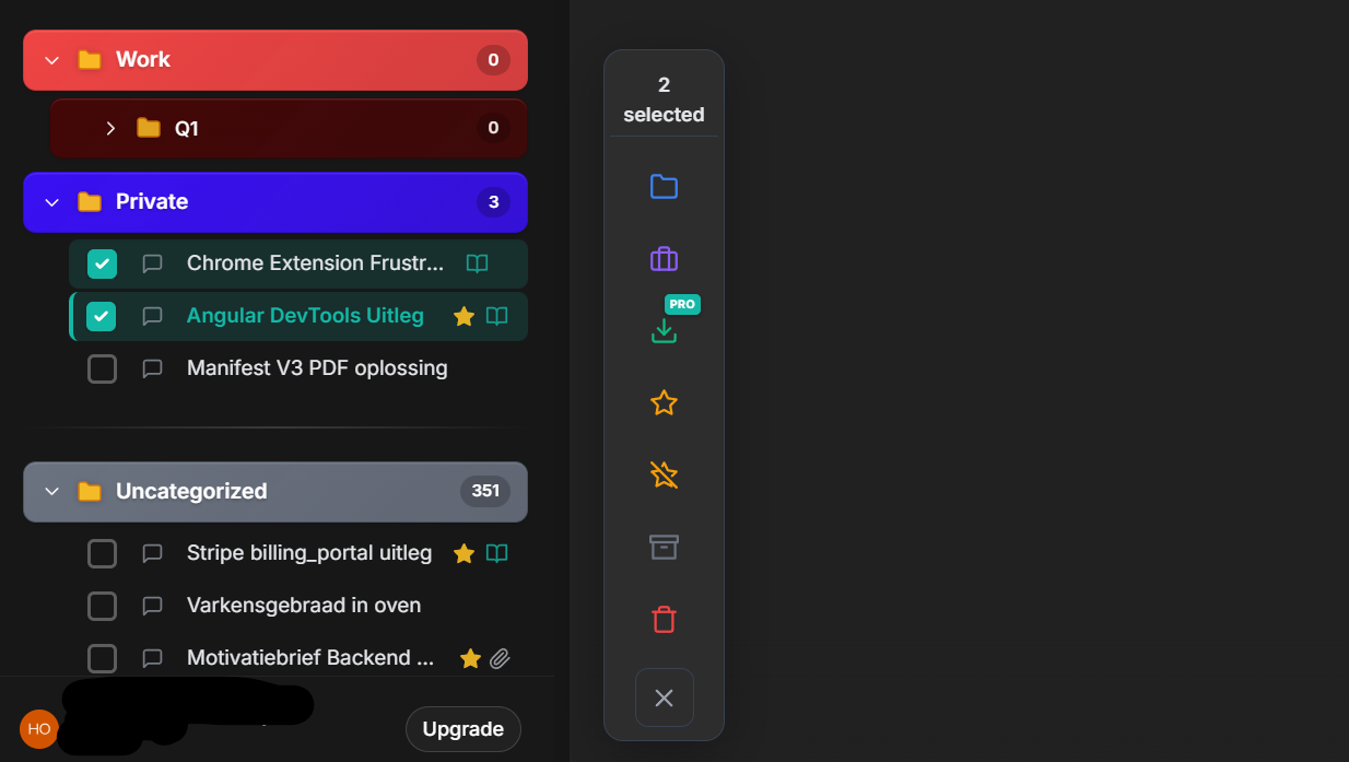 Bulk actions toolbar showing multiple selected chats with action buttons