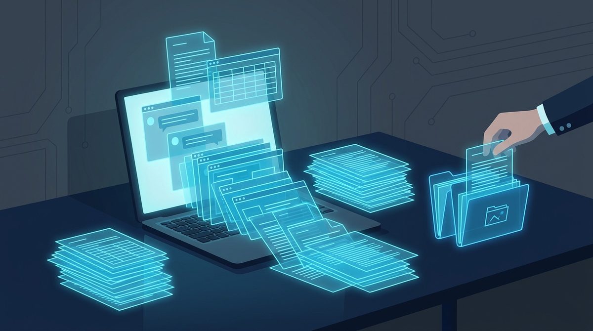 A laptop screen overflowing with AI-generated documents being sorted into organized folders