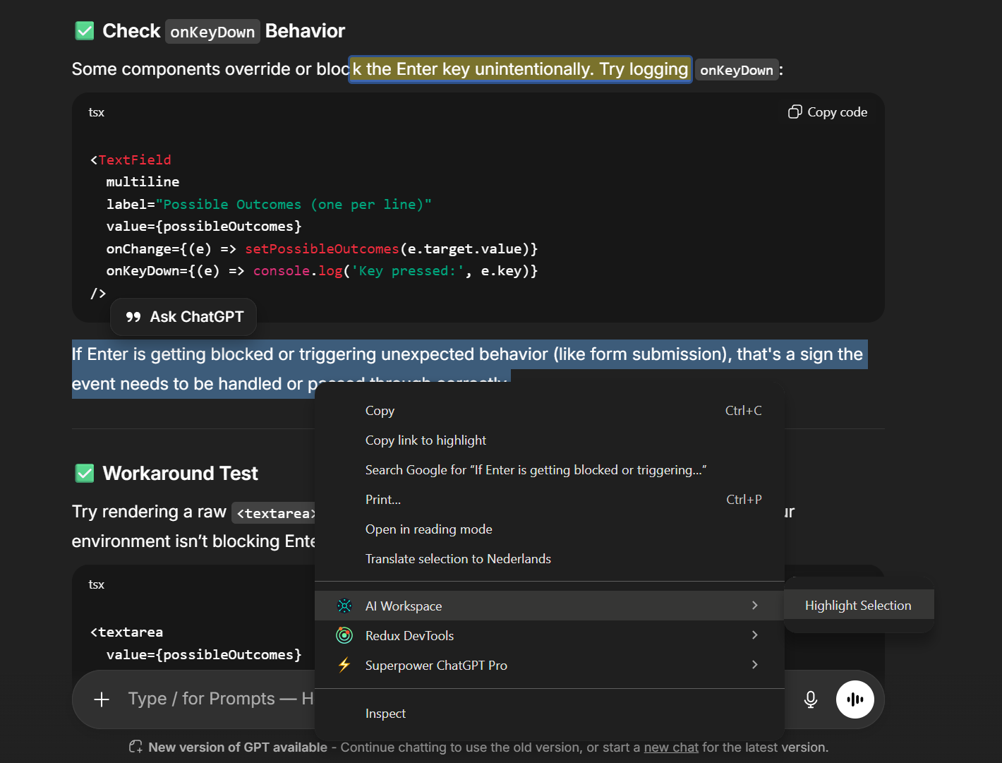 Context menu showing AI Workspace submenu with Highlight Selection option