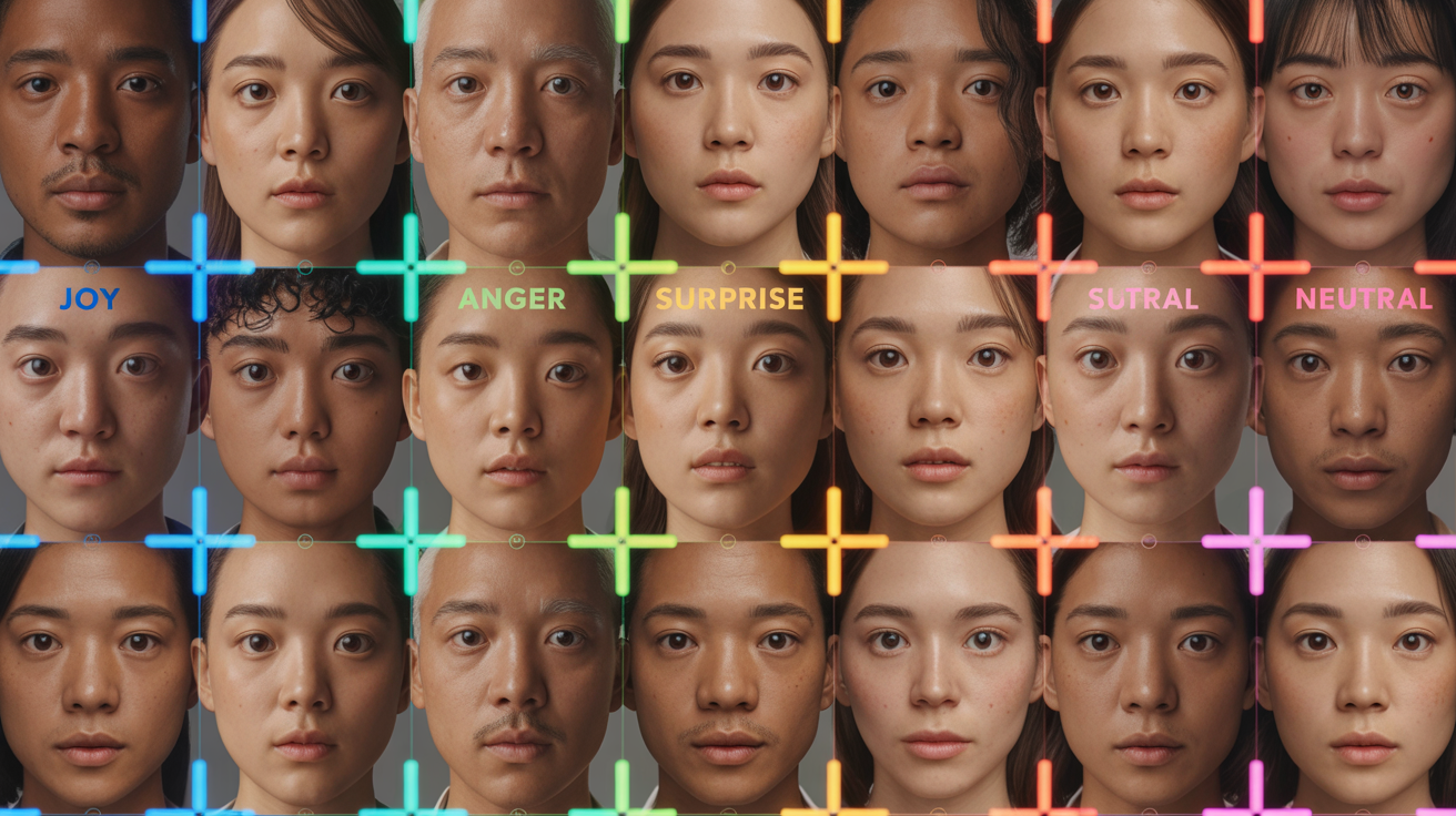 Grid of diverse faces with emotion labels