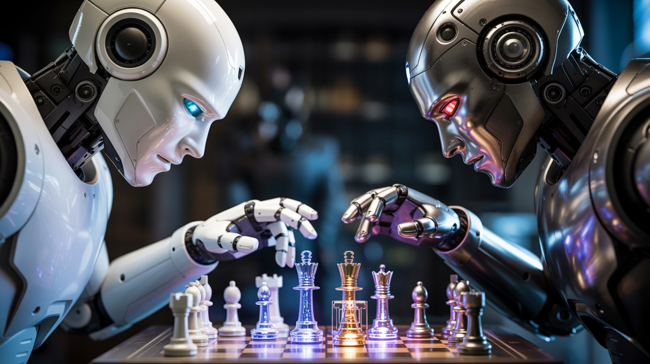Robot vs Robot chess match representing the arms race