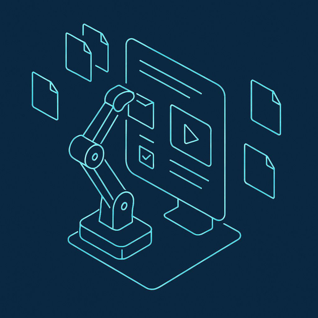 Minimal isometric illustration of a digital assistant organizing files and executing tasks