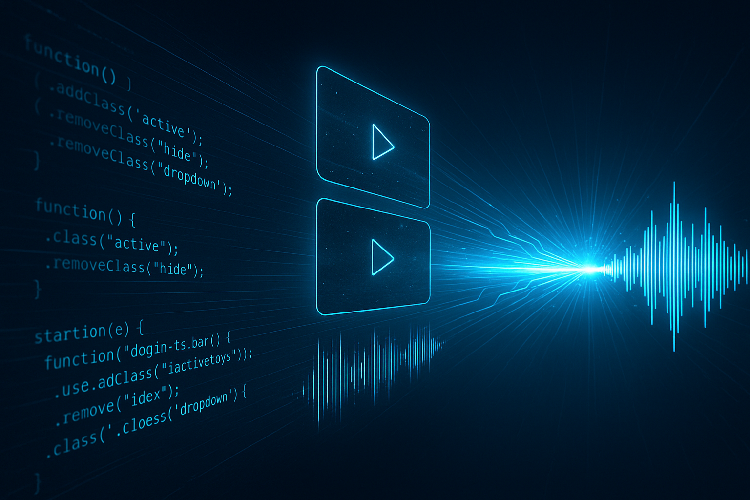 Abstract visualization of code, video, and audio merging into a single stream of light
