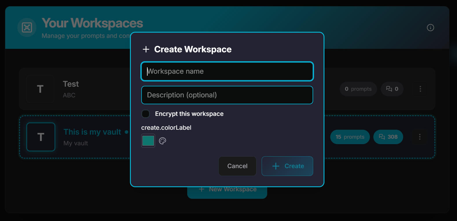 Create new workspace dialog