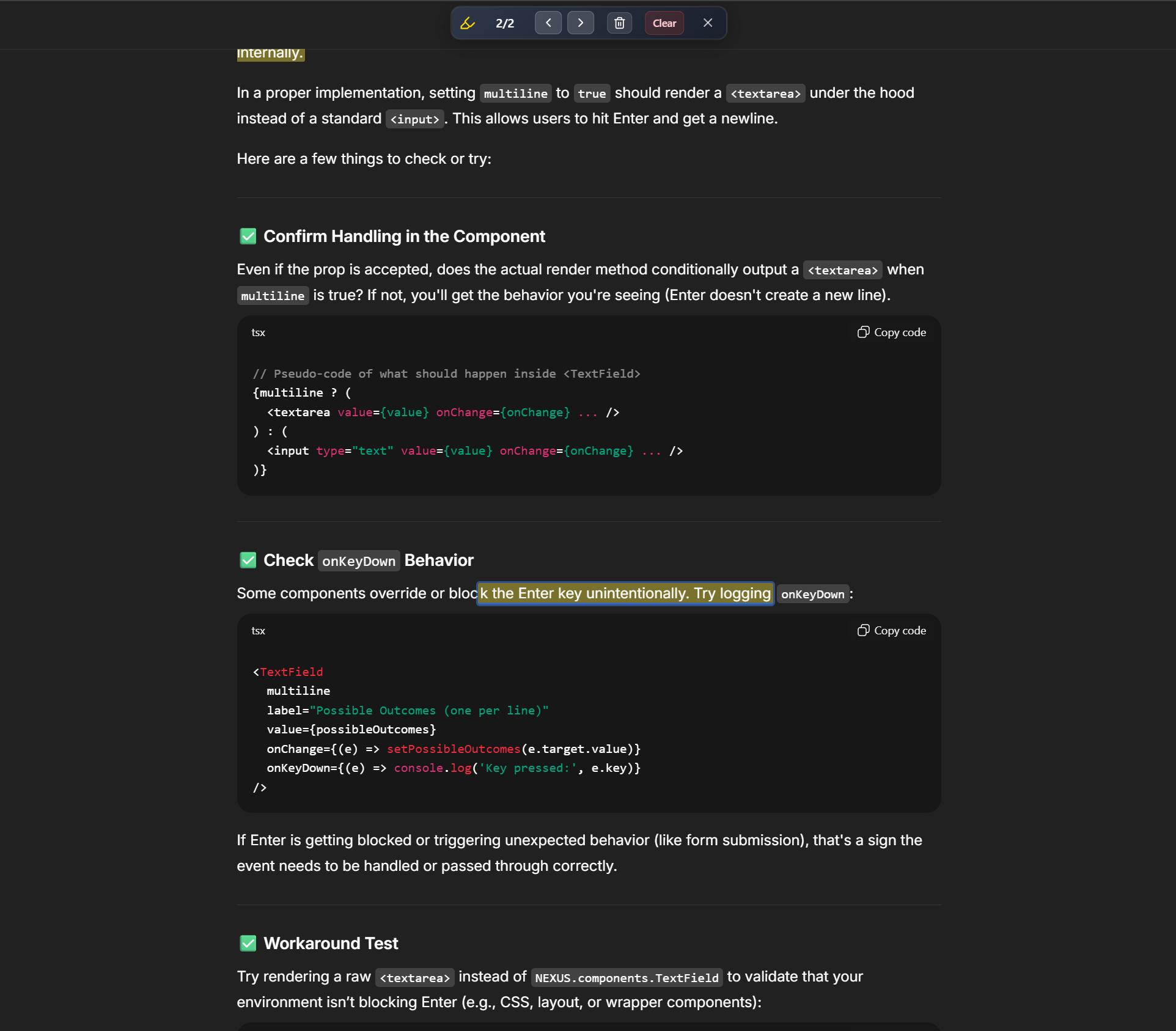 Navigation toolbar showing previous/next buttons and highlight counter