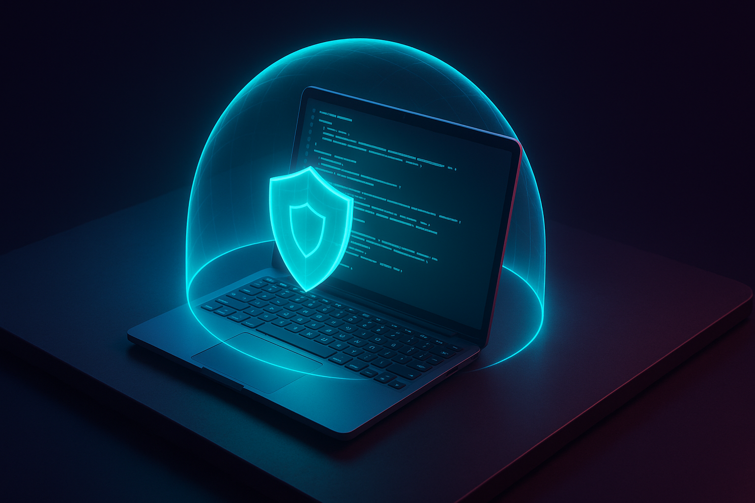 3D illustration of a digital shield protecting data on a laptop