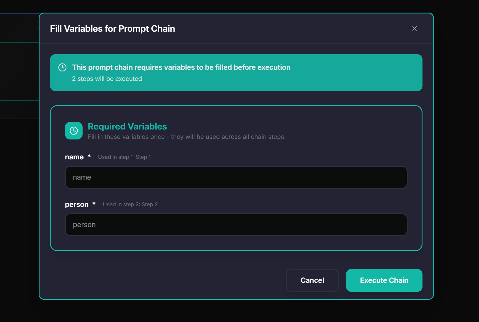 Filling variables before running a chain