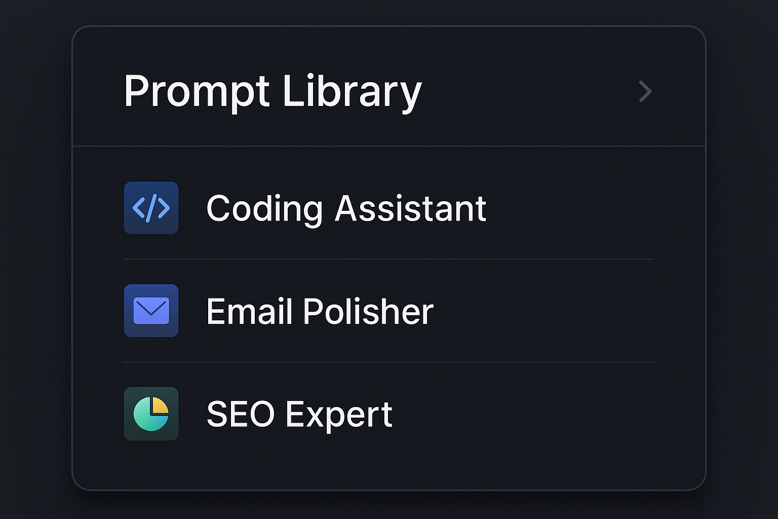 Interface showing a well organized prompt library
