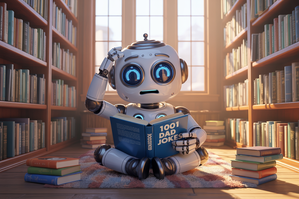 A robot reading a book of dad jokes looking confused