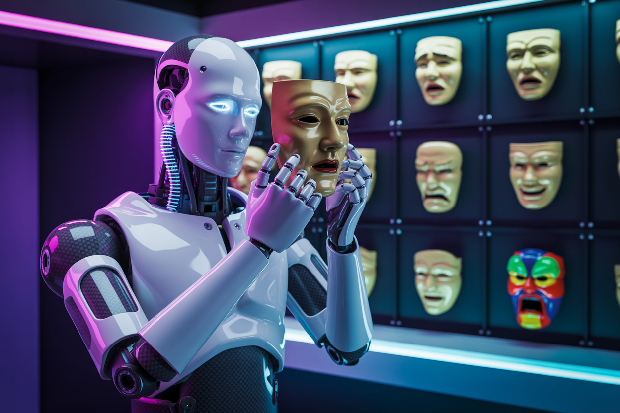 A robot holding up different masks representing different comedy styles