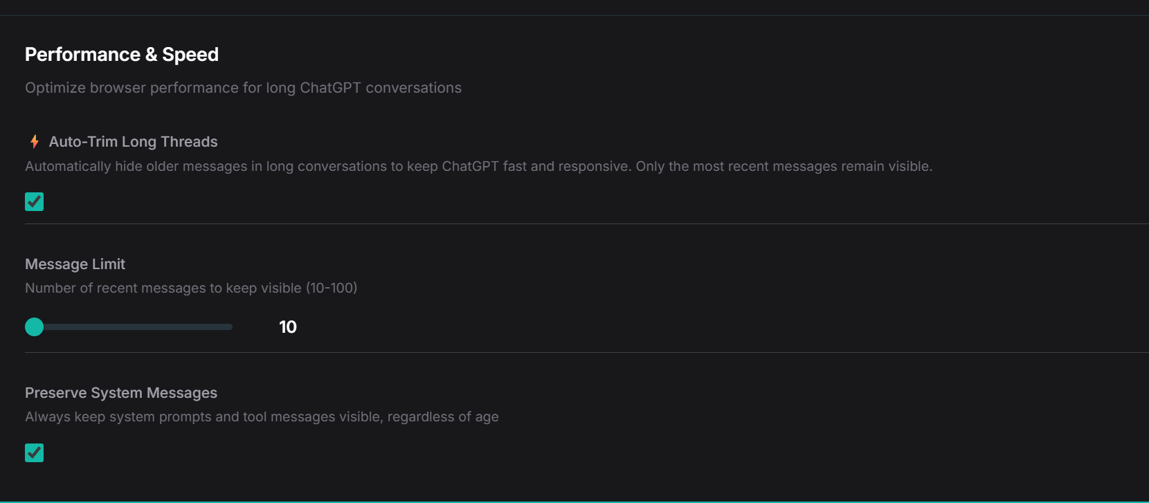 Thread Trimming Settings Panel